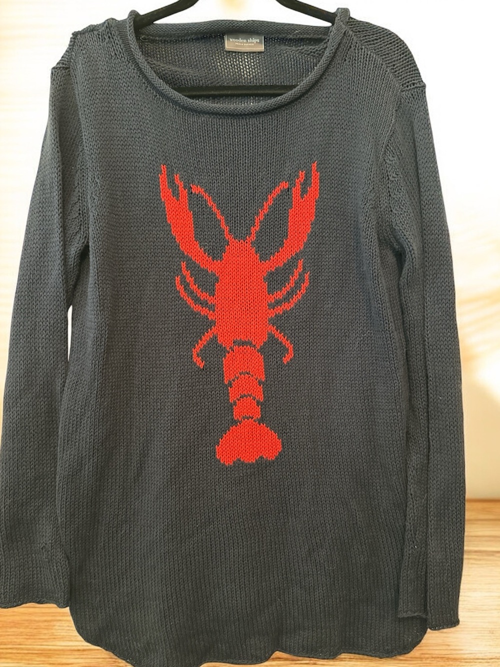 Wooden Ships Lobster Roll Crew sweater in navy with a red lobster graphic